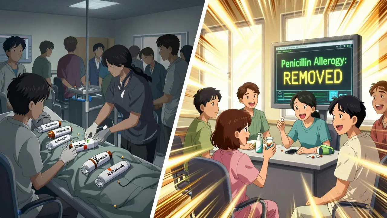 Contrast between overuse of risky antibiotics and safe penicillin use after allergy testing.