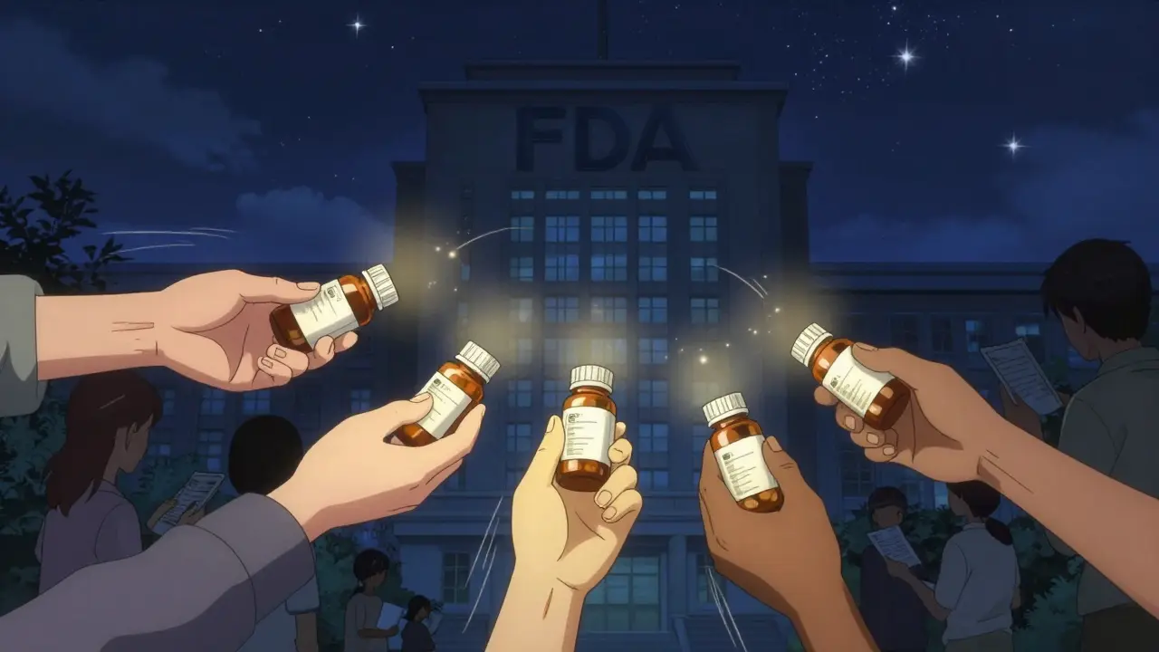 Diverse people passing a glowing report symbol toward the FDA building, symbolizing collective action for drug safety.