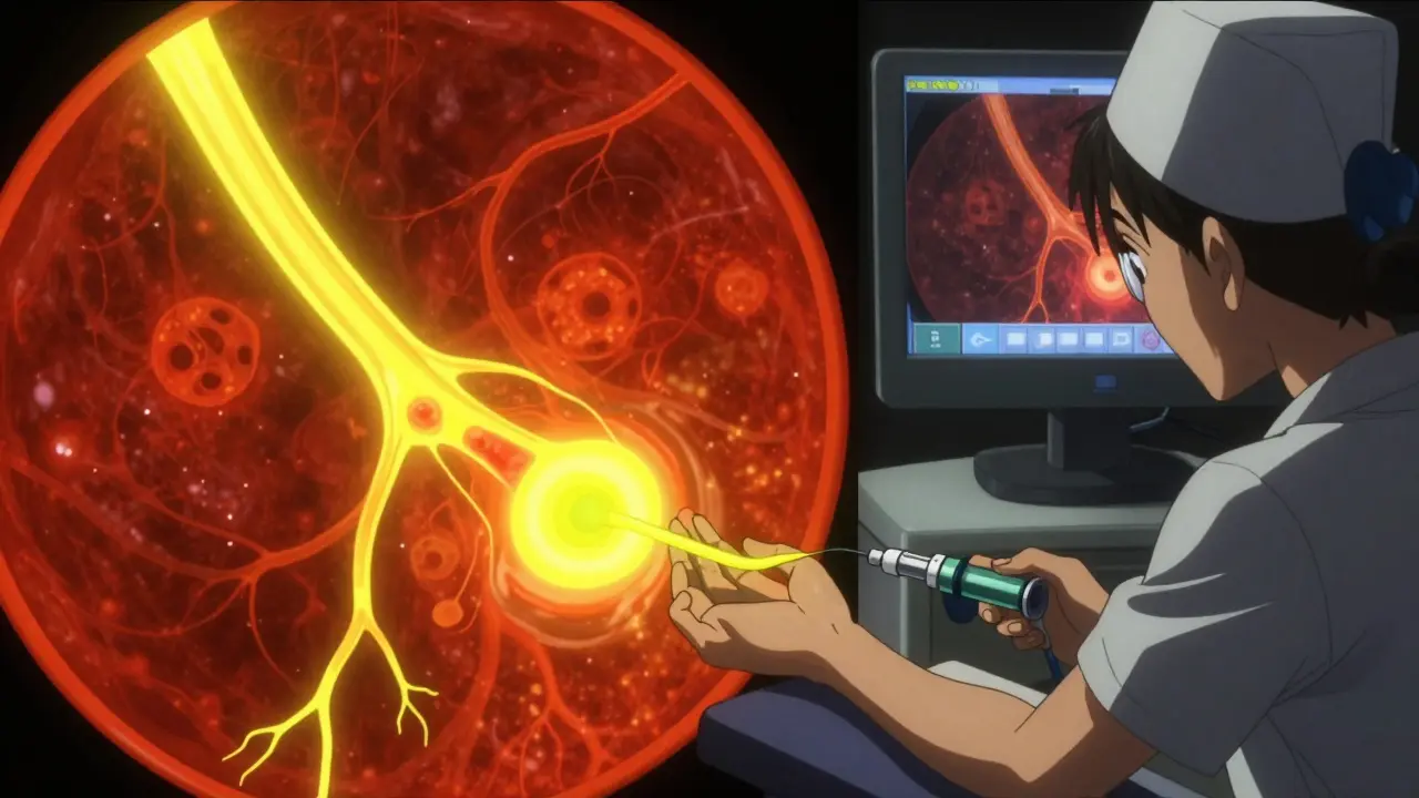 Fluorescein dye flowing through retinal blood vessels, highlighting leaks with vivid red and orange glow.