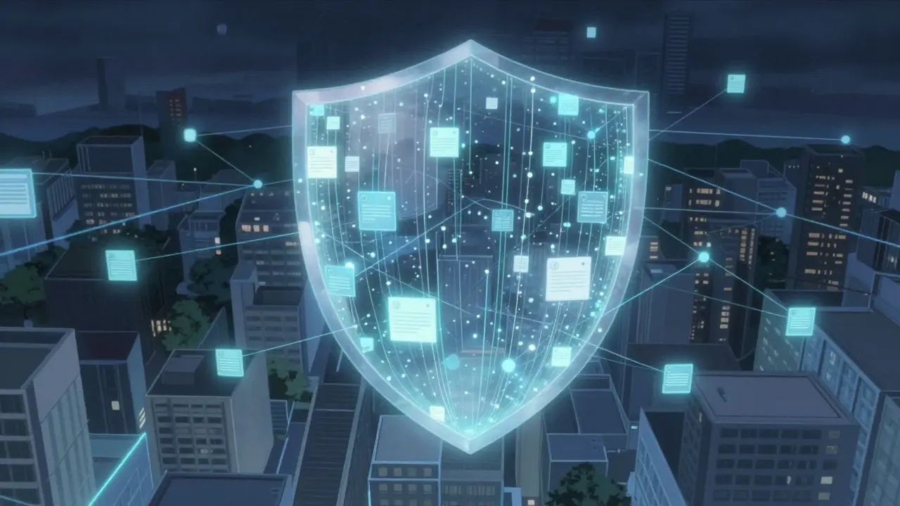 Glowing data points forming a protective shield over a city skyline