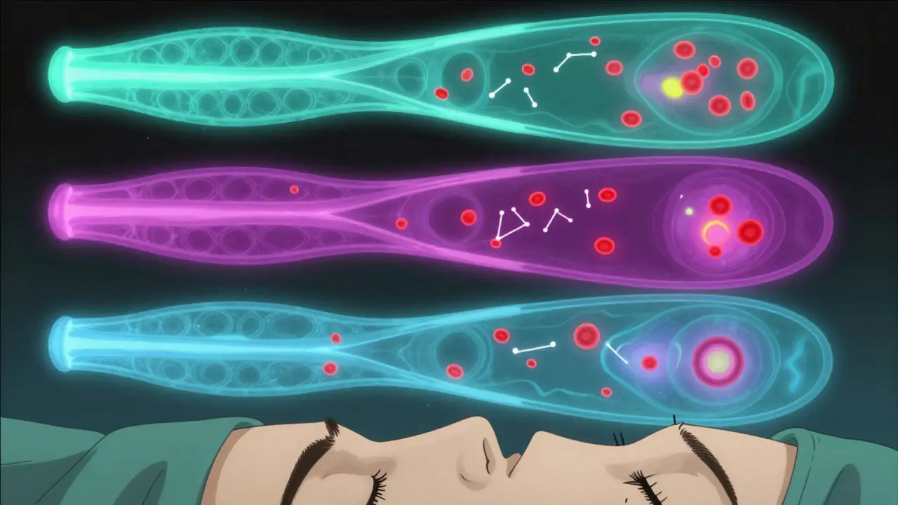 OCT angiography showing three layers of retinal capillaries with flowing blood cells and hidden blockages.