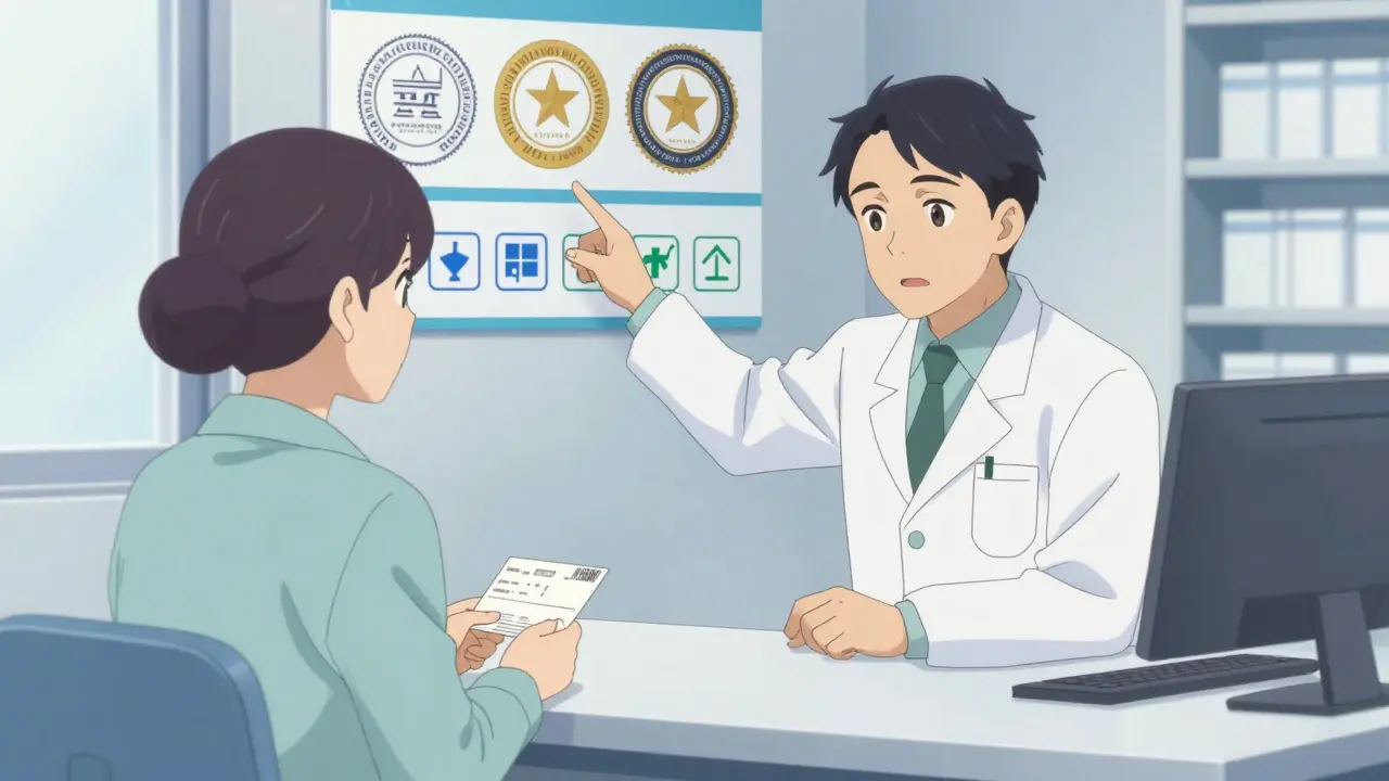 Patient consulting pharmacist about safety and accreditation.