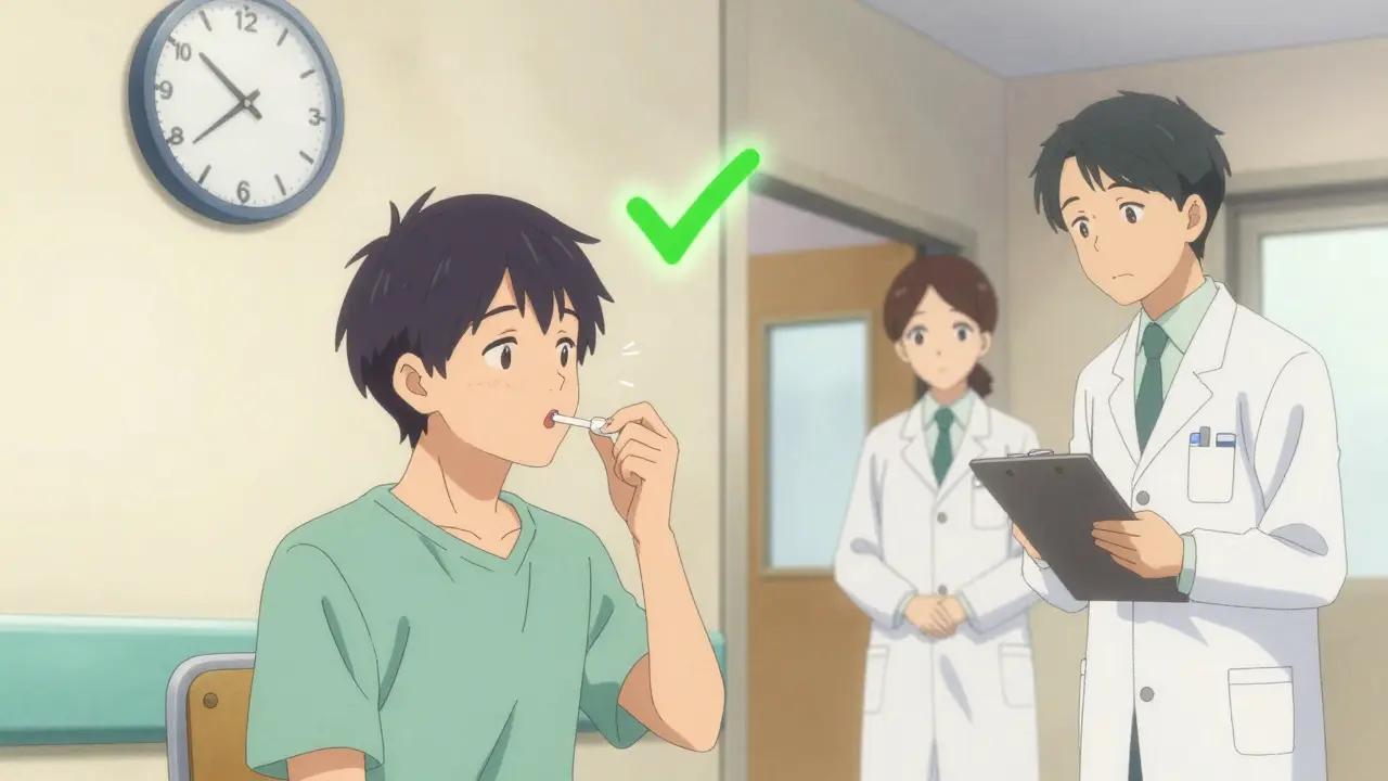 Patient safely taking an oral amoxicillin challenge under medical supervision.