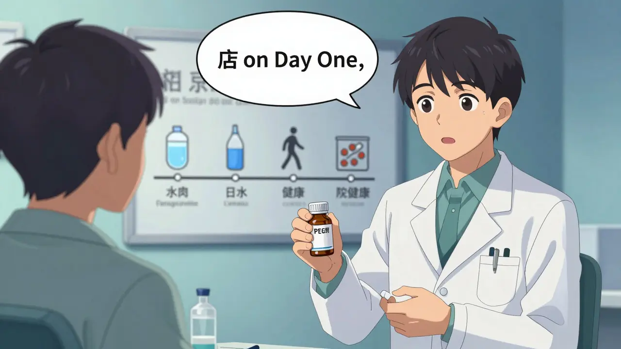 Pharmacist giving laxative to patient with timeline showing bowel health management steps.