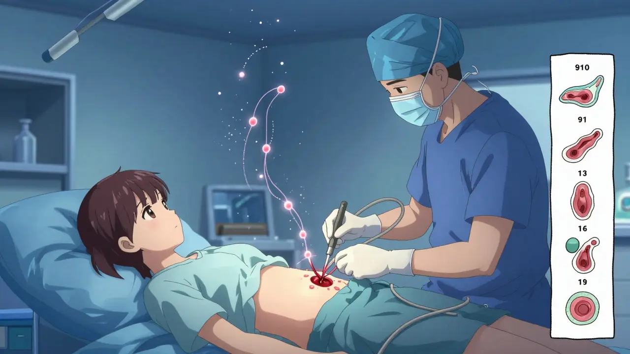 Surgeon removing ovarian tissue from a teenage girl during a laparoscopic procedure.