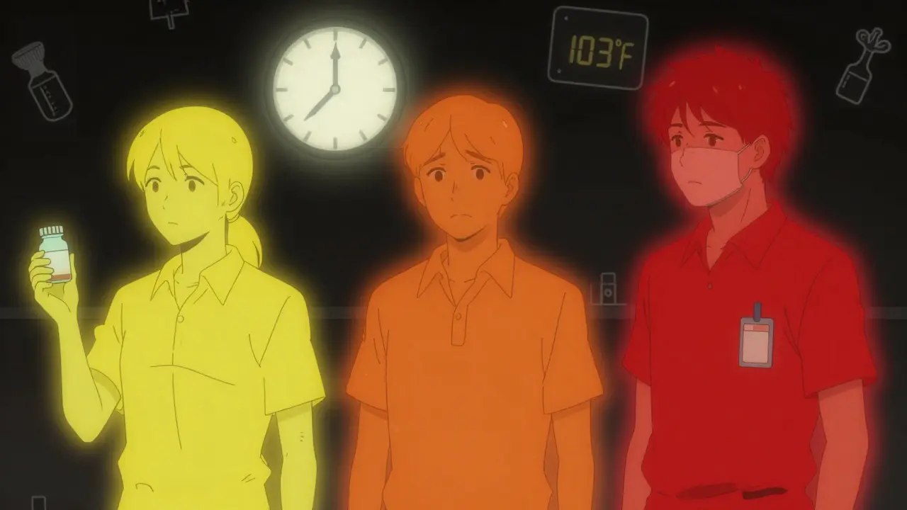 Three adults with colored auras showing low, moderate, and high fever levels beside a glowing 103°F clock.