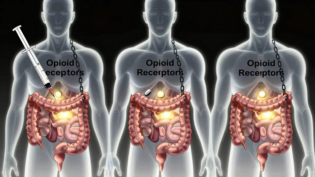 Three PAMORA medications blocking opioid receptors in the gut with glowing therapeutic light.