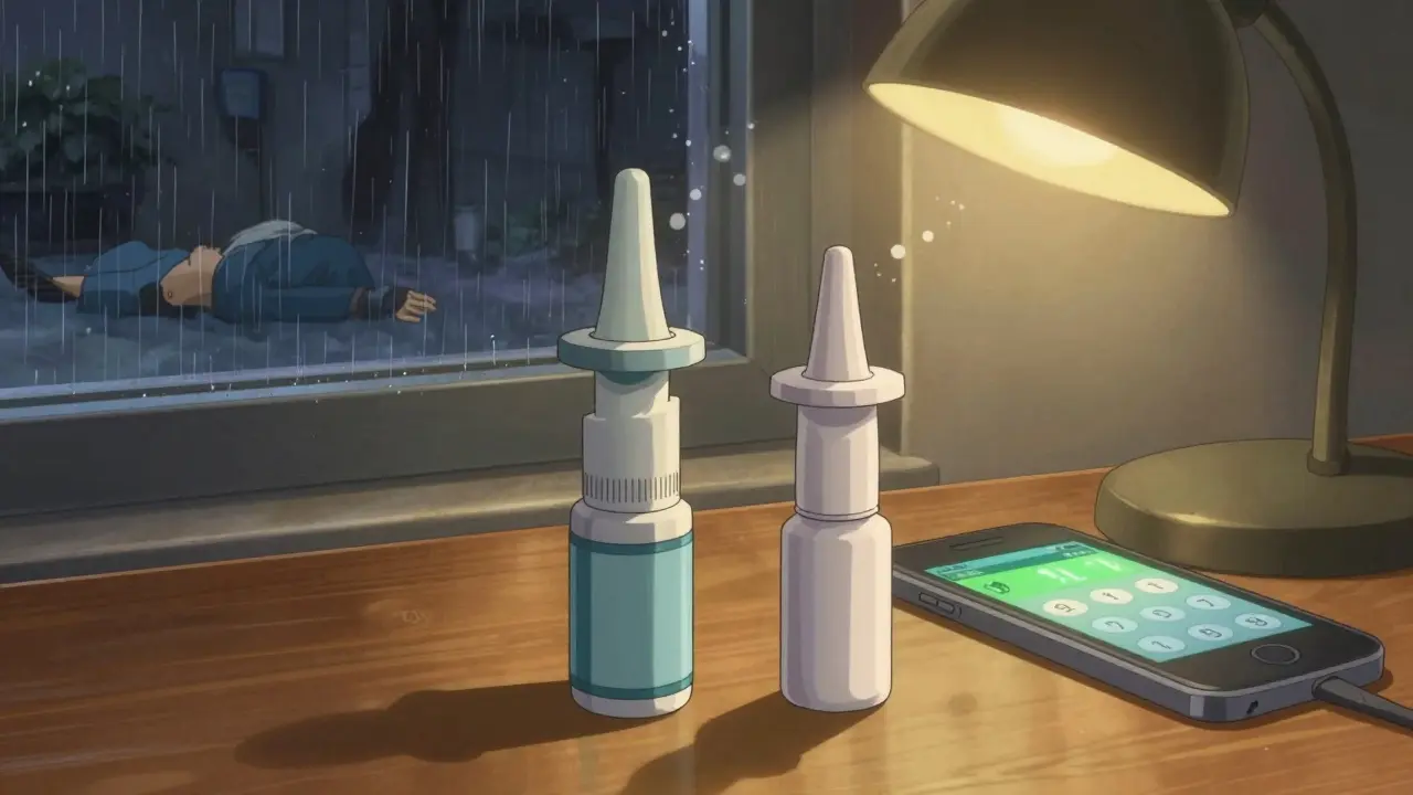 Two naloxone nasal sprays on a table—one used, one unused—with a 911 call displayed on a phone beside them.