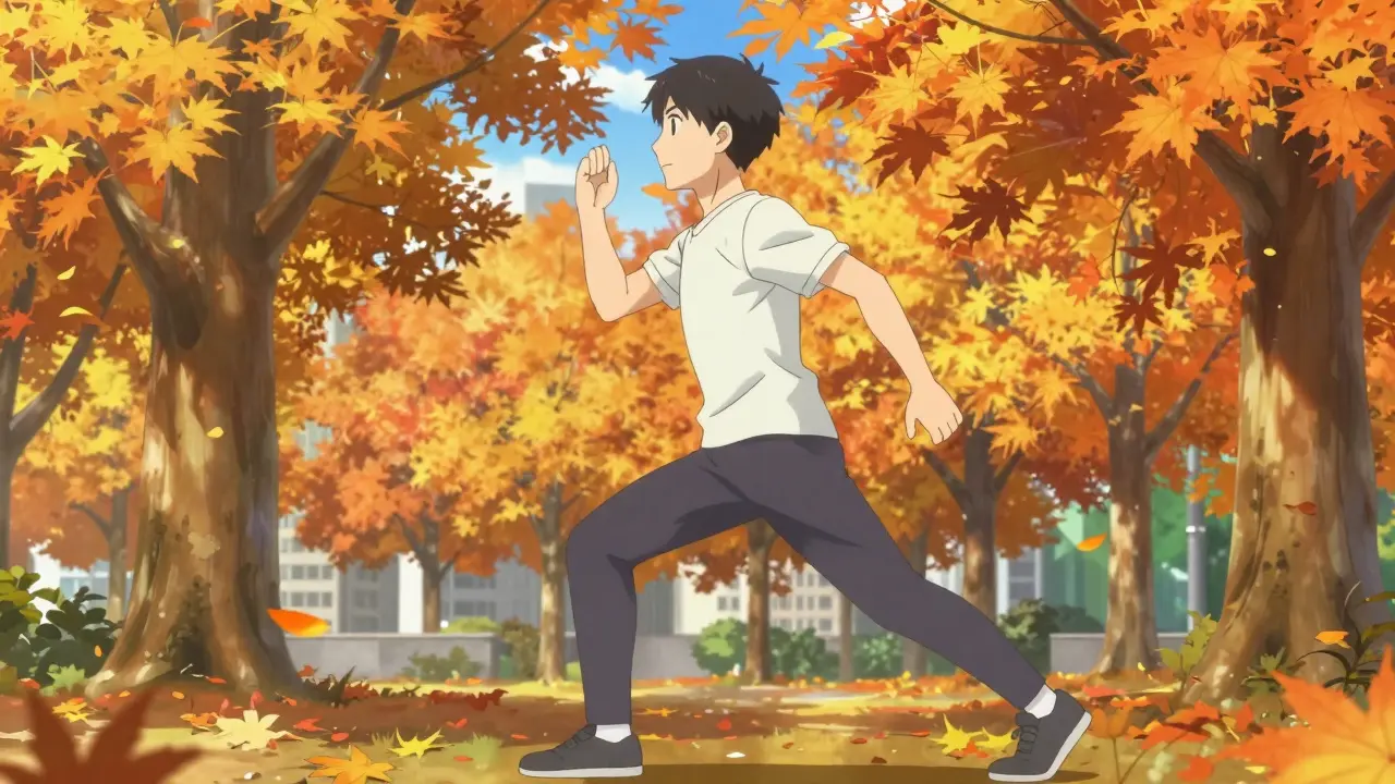 A cancer survivor exercising in a colorful autumn park, depicting the journey toward long-term health.