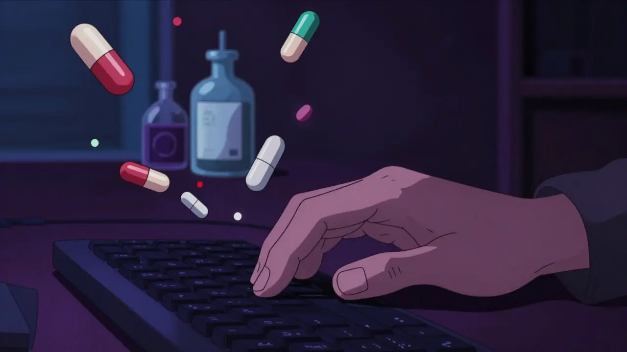 A person hesitating to buy online with conceptual images of counterfeit pills.