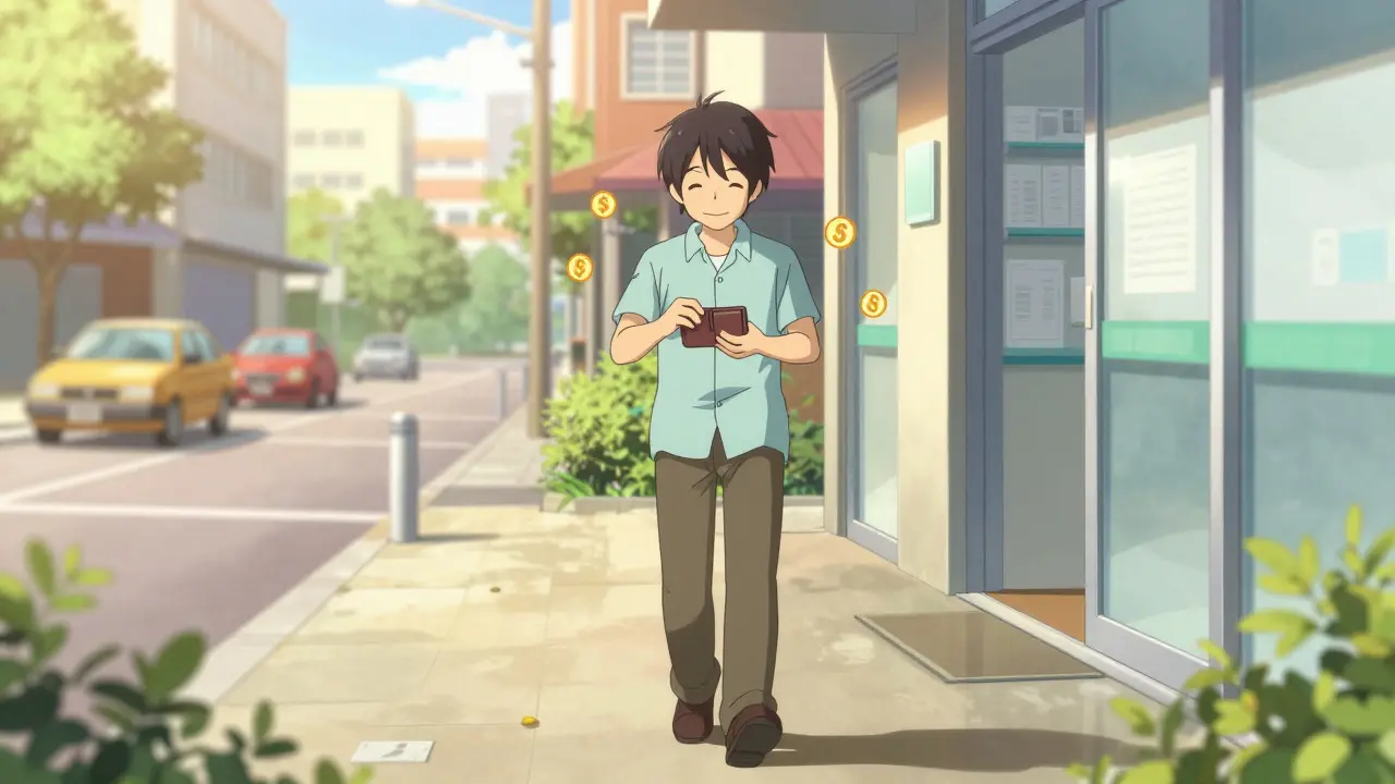 A satisfied person walking away from a pharmacy, symbolizing money saved on medication.