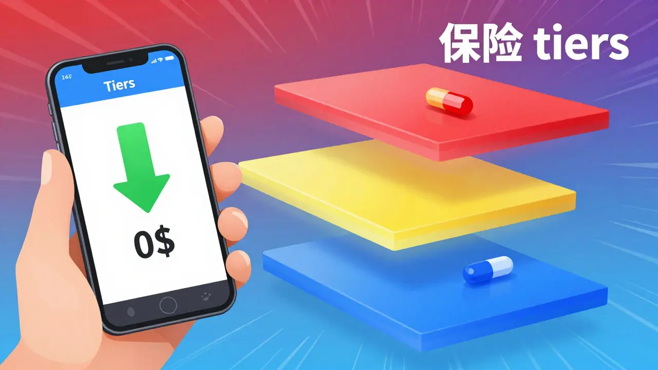 A split screen showing a price comparison app and colored tiers representing insurance costs.