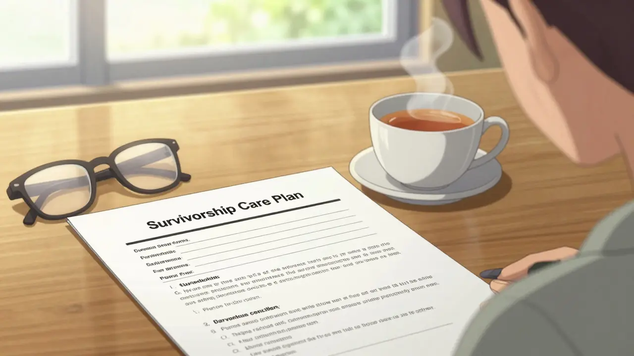 A survivorship care plan on a table in warm morning light, representing a roadmap for recovery.