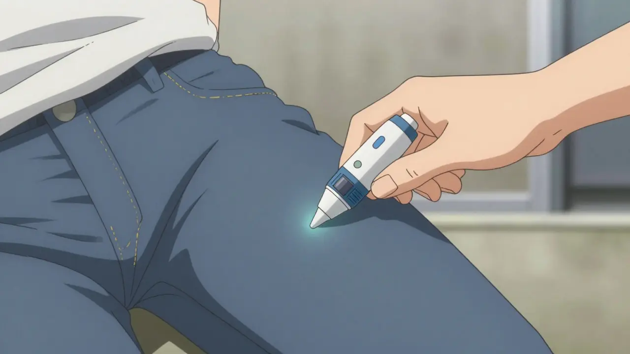 Anime style close-up of an epinephrine auto-injector being used on a thigh