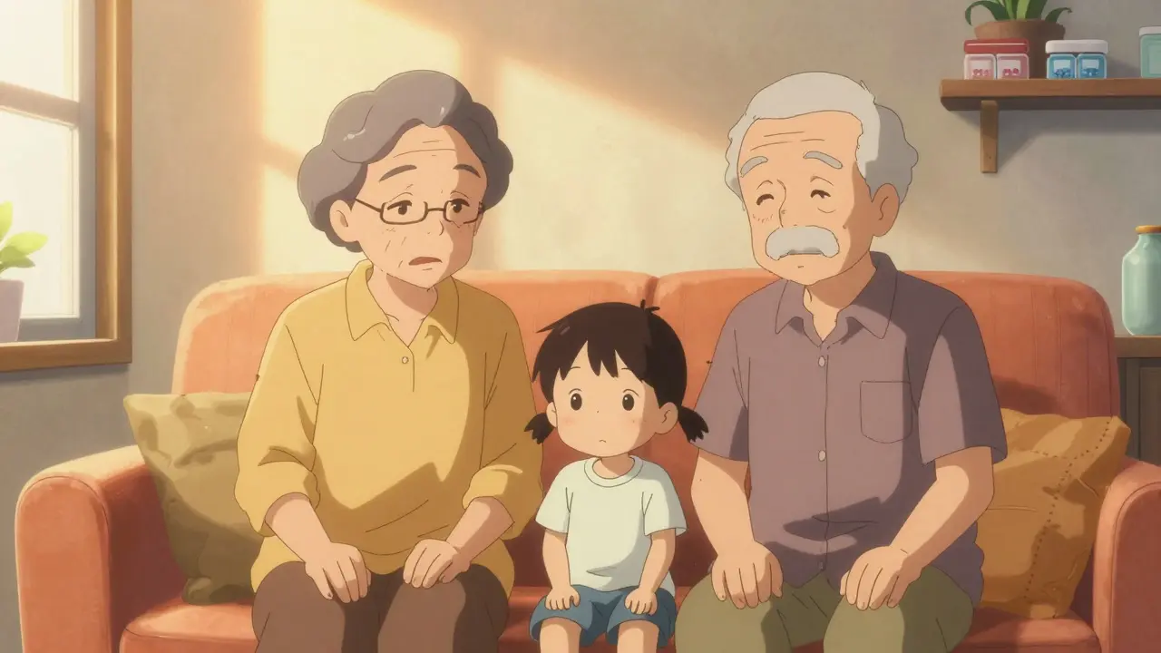 Happy elderly couple relaxing at home with medication