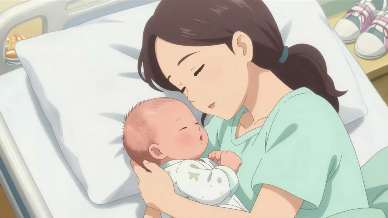 Mother holding her newborn baby in a bright hospital room