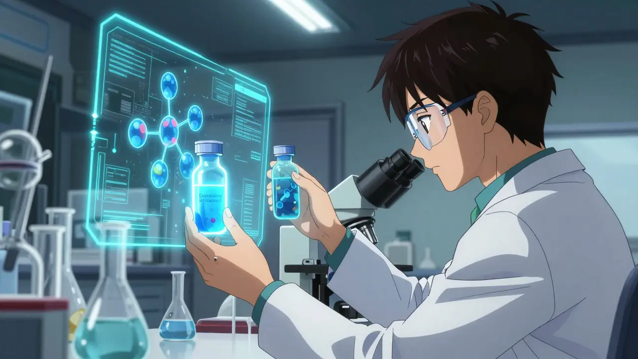 Scientist examining glowing biosimilar vial in lab