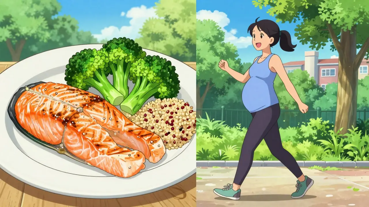 Split screen showing a healthy balanced meal and a pregnant woman walking in a sunny park